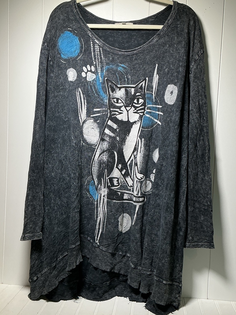 Jess & Jane Tunic Top Women's 3X Gray Cat Boho Cotton Distressed Hem Made in USA
